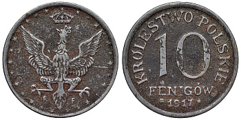 Польша 10 фенигов 1917 FF, германская оккупация, регенство Y 6 железо 4119-435