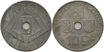 Бельгия 10 сантимов 1945 Belgie - Belgique, Леопольд III (1934-1947), германская оккупация, Вторая мировая война KM 126 цинк 4161-351