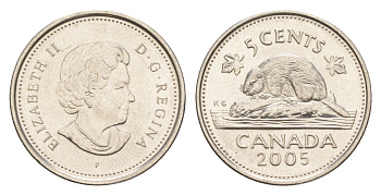 Канада 5 центов 2005 P, Елизавета II (1952-2022), бобр KM 491 сталь плакированная никелем UNC 4630-757
