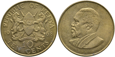 Кения 10 центов 1968 Джомо Кениата KM 2 никель латунь 4526-1043