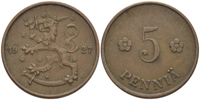 ФИНЛЯНДИЯ 5 ПЕННИ 1927 KM 22 медь 100-156