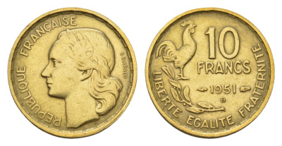 Франция 10 франков 1951 B, петух KM 915.2, Le Franc 363.5 алюминиевая бронза 4630-252