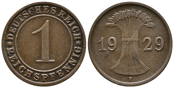 ГЕРМАНИЯ 1 РЕЙХСПФЕННИГ 1929 F KM 37, J. 313 бронза 39-1031