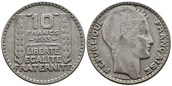Франция 10 франков 1933 Пьер Тюрен KM 878, Le Franc 360.6 серебро 63-745