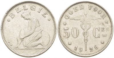 БЕЛЬГИЯ 50 САНТИМОВ 1928 BELGIE KM 88 никель 261-1159