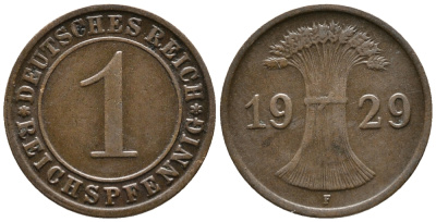 ГЕРМАНИЯ 1 РЕЙХСПФЕННИГ 1929 F KM 37, J. 313 бронза 39-1031