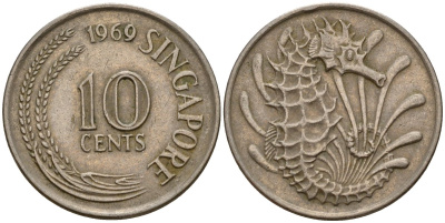 Сингапур 10 центов 1969 морской конек KM 3 медно-никель 4154-949