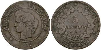 Франция 5 сантимов 1872 A, Третья республика (1871-1940) KM 821.1, Le Franc 118.6 бронза 51-715