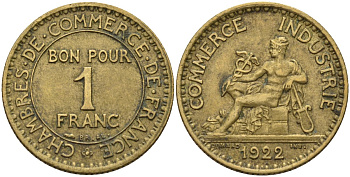 Франция 1 франк 1922 KM 876, Le Franc 218.5 алюминиевая бронза 4142-632