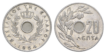 Греция 20 лепт 1954 Павел I (1947-1964), оливковая ветвь KM 79 алюминий 4573-953