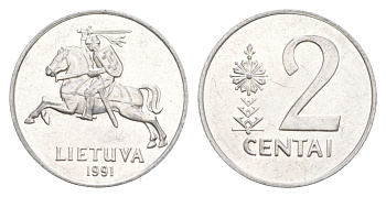 Литва 2 цента 1991 KM 86 алюминий aUNC 4633-844