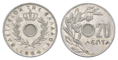 Греция 20 лепт 1954 Павел I (1947-1964), оливковая ветвь KM 79 алюминий 4573-953