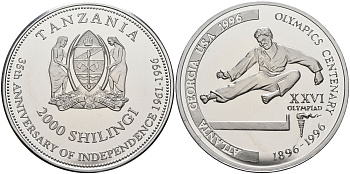 Танзания 2000 шиллингов 1996 XXVI Олимпийские игры 1996 года в Атланте, 100 лет Олимпийскому движению, карате, пробник алюминий PROOF 06-133-11