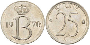 БЕЛЬГИЯ 25 САНТИМОВ 1970 BELGIQUE, БОДУЭН I (1951-1993) KM 153.1 медно-никель 214-434