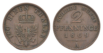 Пруссия 2 пфеннига 1869 A, Вильгельм I (1861-1888) KM 481, Jaeger 51, AKS 107, Olding 425 медь 4651-264