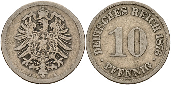Германия 10 пфеннигов 1876 A J. 4,  KM 4 медно-никель    4603-512