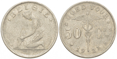 БЕЛЬГИЯ 50 САНТИМОВ 1923 BELGIE KM 88 никель 261-1666