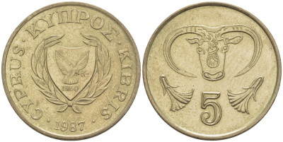 КИПР 5 ЦЕНТОВ 1987 ГОЛОВА БЫКА KM 55.2 никель латунь 67-611