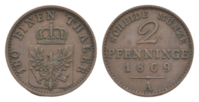 Пруссия 2 пфеннига 1869 A, Вильгельм I (1861-1888) KM 481, Jaeger 51, AKS 107, Olding 425 медь 4651-264