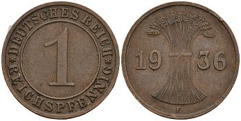 Германия 1 рейхспфенниг 1936 F KM 37, J. 313 бронза 4124-917