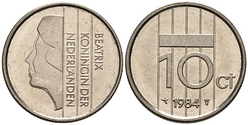 Нидерланды 10 центов 1984 Беатрикс (1980-2013) KM 203 никель UNC 4588-841