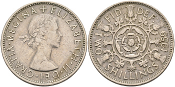 Великобритания 2 шиллинга (флорин) 1959 Елизавета II (1952-2022) KM 906, Spink 4146 медно-никель    4117-423