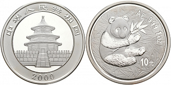 Китай 10 юаней 2000 панда KM 1310 серебро UNC 00-000-00