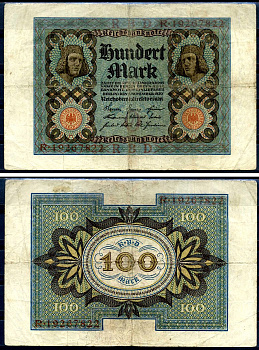 Германия 100 марок 1920 Бамбергский всадник, 8 цифр в номере, серия R, буква O Pick 69 b, Розенберг 69b бумага 8617-41-2-1
