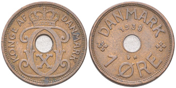 Дания 1 эре 1938 Кристиан X (1912-1947) KM 826 бронза 4621-749