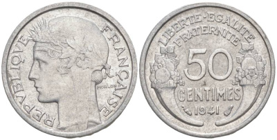 ФРАНЦИЯ 50 САНТИМОВ 1941 ТИП MORLON LOURDE KM 894.1a, LE FRANC 193.2 алюминий 44-218