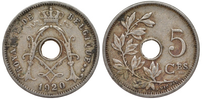 Бельгия 5 сантимов 1920 Belgique KM 66 медно-никель 4164-264