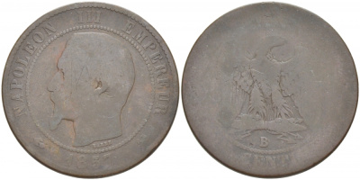 ФРАНЦИЯ 10 САНТИМОВ 1857 В, НАПОЛЕОН III (1852-1870) KM 771.2, LA FRANC 133.40 бронза 4517-916