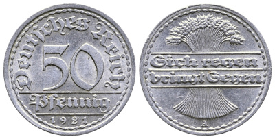 Германия 50 пфеннигов 1921 A KM 27, J.301, Weege 10 алюминий 4380-834
