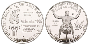 США 1 доллар 1996 P, X летние Паралимпийские игры, Атланта 1996 - Гонки на колясках KM 268 серебро PROOF 11-262-13