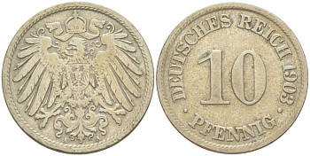 ГЕРМАНИЯ 10 ПФЕННИГОВ 1903 A KM 12, J. 13, Weege 8 медно-никель 261-1252