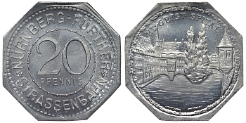 Германия, Нюрнберг - Фюрт 20 пфеннигов ND трамвайный жетон, госпиталь Св. Духа Menzel 19256.16 алюминий UNC 4119-641