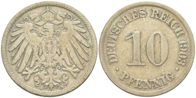 ГЕРМАНИЯ 10 ПФЕННИГОВ 1903 A KM 12, J. 13, Weege 8 медно-никель 261-1252