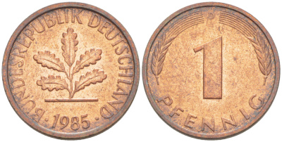 ФРГ 1 ПФЕННИГ 1985 D KM 105, J. 380 сталь плакированная медью 4181-659