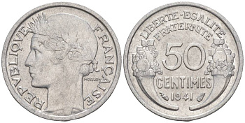 ФРАНЦИЯ 50 САНТИМОВ 1941 ТИП MORLON LOURDE KM 894.1a, LE FRANC 193.2 алюминий 44-245