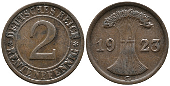 ГЕРМАНИЯ 2 РЕНТЕНПФЕННИГА 1923 G KM 31, J. 307 бронза 24-431