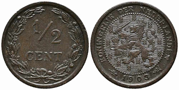 НИДЕРЛАНДЫ 1/2 ЦЕНТА 1903 ВИЛЬГЕЛЬМИНА (1890-1948) KM 133 бронза 112-165