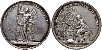 ГЕРМАНИЯ МЕДАЛЬ 1800 СЕМИНАР ЛООС, БОГИНЯ ЗДОРОВЬЯ И ДРЕВЕСНАЯ ЗМЕЯ, ГЕИЙ, АНГЕЛ РАДОСТИ ОКОЛО ПЬЕДЕСТАЛА, ДИАМЕТР 36,48 ММ., ВЕС 13,71 ГР. серебро 02-251-21