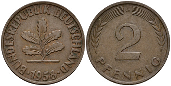 ФРГ 2 пфеннига 1958 G J.381  KM 106 бронза    4598-649