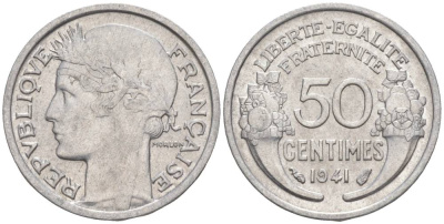 ФРАНЦИЯ 50 САНТИМОВ 1941 ТИП MORLON LOURDE KM 894.1a, LE FRANC 193.2 алюминий 44-245