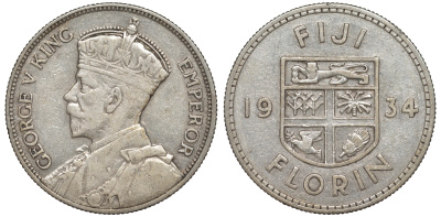 Фиджи 1 флорин 1934 Георг V (1910-1936), герб Фиджи KM 5 серебро 91-1215