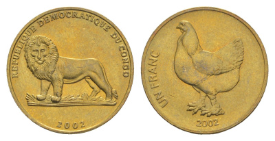 ДР Конго 1 франк 2002 Животные - Петух KM 82 латунь 4651-619