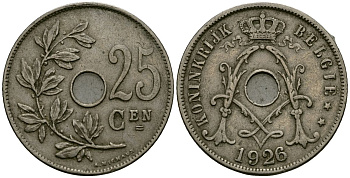 Бельгия 25 сантимов 1926 Belgie KM 69 медно-никель 4165-912