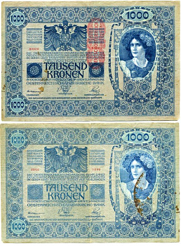 АВСТРИЯ 1000 КРОН 1919 КРАСНАЯ ВЕРТИКАЛЬНАЯ НАДПЕЧАТКА НА 1902 Pick 59 бумага 7147-9-2