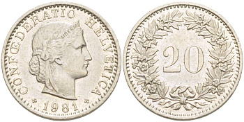 Швейцария 20 раппенов 1981 KM 29а медно-никель 4544-327