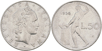 Италия 50 лир 1956 R, бог огня Вулкан у наковальни KM 95.1 нержавеющая сталь 4171-1021